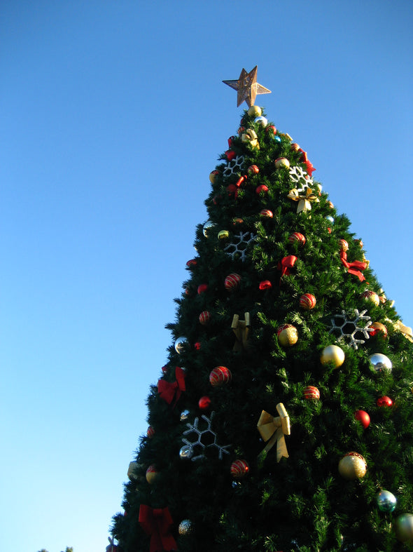 a fully decked christmas tree with a backdrop of a bright blue sky