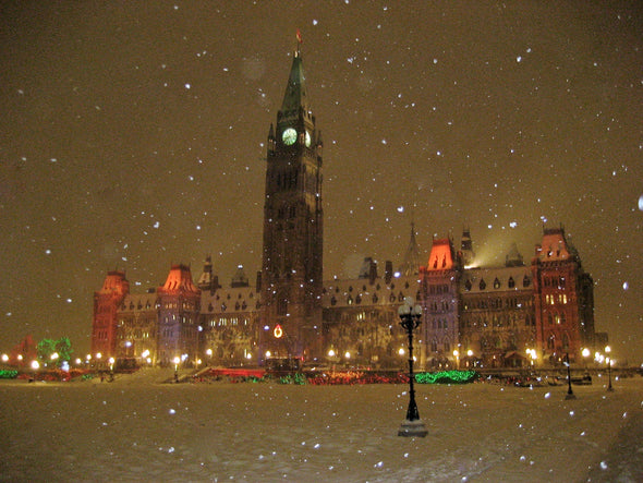 colourful christmas lights on canada's parliament building with snow falling